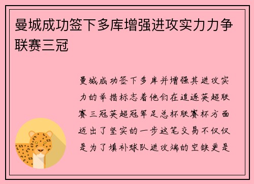 曼城成功签下多库增强进攻实力力争联赛三冠
